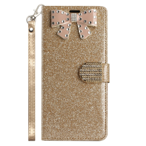 For Apple iPhone 14 6.1" Bow Glitter Ornament Shimmer Wallet Case with Lanyard - Gold