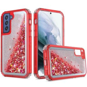 For Samsung Galaxy S21 FE Premium Transparent Quicksand Glitter Case Cover - Red