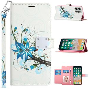 For iPhone 15 Pro Design Wallet ID Credit Card Money Holder with Magnetic Metal Closure including Lanyard - Blue Floral