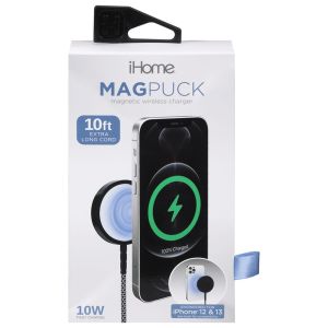 IHOME 15W MAGNETIC WIRELESS CHARGING PUCK WITH 10FT DURASTRAIN NYLON CABLE BLACK