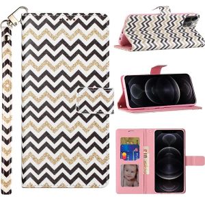 For Samsung Galaxy S21 FE Design Wallet ID Money Card Holder Case Cover - Black Gold ZigZag