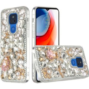 Motorola Moto G Play 2021 Full Diamond with Ornaments Hard TPU Case Cover - Silver Panda Floral
