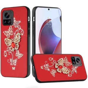 For Motorola Edge Plus 2023 SPLENDID Diamond Glitter Ornaments Engraving Case Cover - Garden Butterflies Red