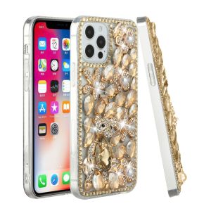 For iPhone 15 Pro Full Diamond with Ornaments Hard TPU Case Cover - Gold Panda Floral