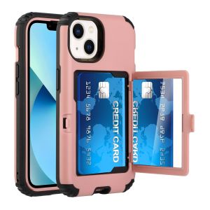 For iPhone 13 Pro Max Card Holder (Upto 2) with Mirror Hybrid Shockproof Case Cover - Rose Gold
