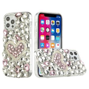 For iPhone 15 Pro Full Diamond with Ornaments Hard TPU Case Cover - Hearty Pink Pearl Heart