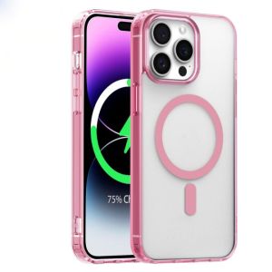 For iPhone 14 Pro Max Acrylic [Magnetic Circle] Tough 2.5mm Transparent ShockProof Hybrid - Pink