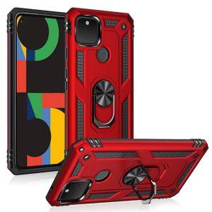 For Google Pixel 5A Magnetic Ring Kickstand Hybrid Case Cover - Red