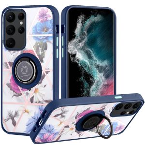 For Samsung S23 Ultra Unique IMD Design Magnetic Ring Stand Cover Case - Flowers on Blue
