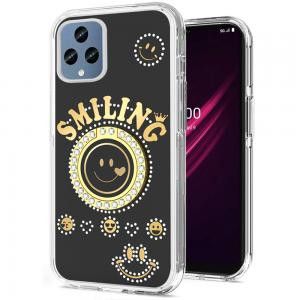 For iPhone 15 Pro Smiling Glitter Ornament Bling With Ring Stand Hybrid Case Cover - Black