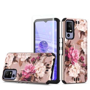 For TCL 40 XE 5G Strong Tough Metallic Design Hybrid + Tempered Glass - Romantic Pink White Roses Floral