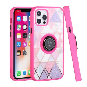 For iPhone 13 Pro Max Unique IMD Design Magnetic Ring Stand Cover Case - Mesh Marble on Pink
