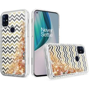 OnePlus Nord N100 Liquid Quicksand Glitter Cover Case - Black Gold ZigZag