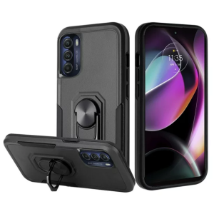 For Moto G 5G 2022 Tough Strong Dual Layer Flat Magnetic Ring Stand Case Cover - Black