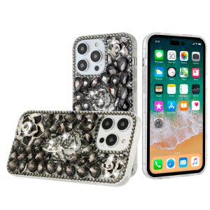 For iP15 Pro Max Floral Full Diamond Bling Case Cover - Smoke