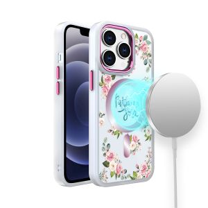 For iPhone 14 PRO 6.1" Design Quotation [Magnetic Circle] Transparent Shockproof Hybrid - Floral C