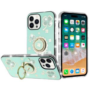 For iPhone 14 6.1" Splendid Glitter with Diamonds All Around Edges Ring Stand Case Cover - Teal
