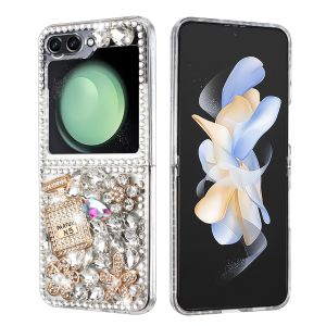 For Samsung Galaxy Z Flip 5 Full Diamond with Ornaments Hard TPU Case Cover - Pearl Flowers with Perfume