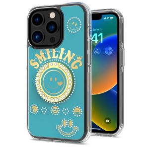 For iPhone 15 Pro Smiling Glitter Ornament Bling With Ring Stand Hybrid Case Cover - Blue