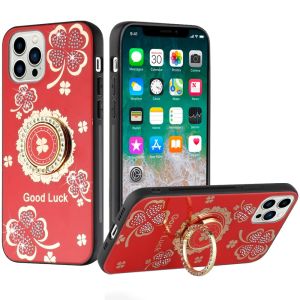 For iPhone 15 Pro SPLENDID Diamond Glitter Ornaments Engraving Case Cover - Good Luck Floral Red