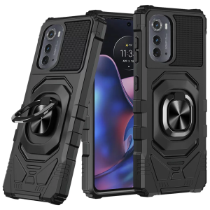 For Motorola Moto Edge (2022) Robotic Hybrid with Magnetic Ring Stand Case Cover - Black