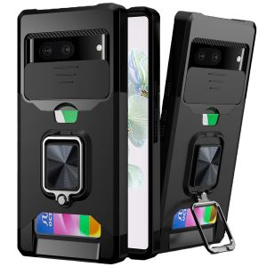 For Google Pixel 7 Multi-Functional Card Magnetic Ring Stand Hybrid Camera Case Cover - Black