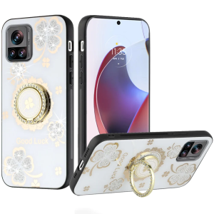 For Motorola Edge Plus 2023 SPLENDID Diamond Glitter Ornaments Engraving Case Cover - Good Luck Floral White