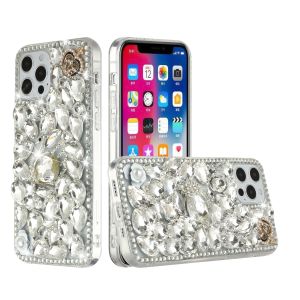 For iP15 Pro Max Full Diamond with Ornaments Hard TPU Case Cover - Silver Swan Crown Pearl