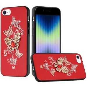 For Apple iPhone 14 6.1" SPLENDID Diamond Glitter Ornaments Engraving Case Cover - Garden Butterflies Red