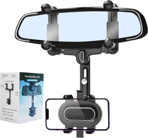 Rearview mirror phone holder, 360° swivel, retractable and car rearview mirror, improved four-corner anti-vibration multifunctional design for all Phones