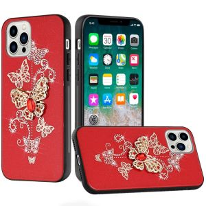 For iPhone 15 Pro SPLENDID Diamond Glitter Ornaments Engraving Case Cover - Garden Butterflies Red
