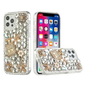 For iP15 Pro Max Full Diamond with Ornaments Hard TPU Case Cover - Pearl Flowers with Perfume