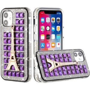 iPhone 13 Pro Ornament Bling Diamond Shiny Crystal Case Cover - Eiffel Tower on Dark Purple