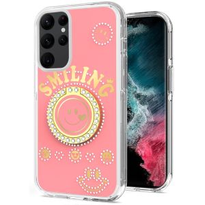 For Samsung S23 Ultra Smiling Glitter Ornament Bling With Ring Stand Hybrid Case Cover - Pink