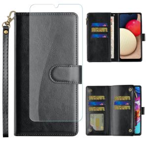 For TCL 30T Luxury Wallet Card ID Zipper Money Holder Case Cover+Tempered Glass - Black