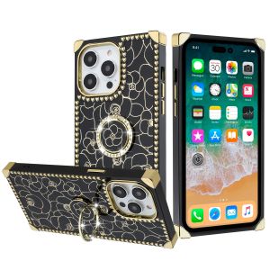 For Apple iPhone 14 PRO MAX 6.7" SQUARE Passion Glitter Diamond Ring Stand Case Cover - Floral Design√å√Ñ‚Ä∞√õ_√å√¢√•√äBlack