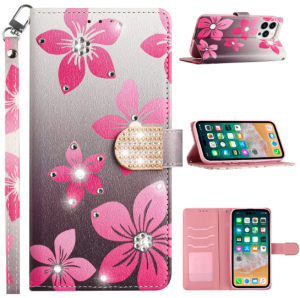 For Moto G Play 2023, G Pure, G Power (2022) Diamond Bling Design Wallet With Lanyard Cover Case - Blooming Flower
