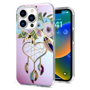 For Apple iPhone 14 PRO 6.1" Bronze Gold Layer Design Hybrid Cover Case - Dream Feather Floral