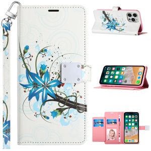 For Samsung Galaxy s24 Design Wallet ID Credit Card Money Holder with Magnetic Metal Closure including Lanyard - Blue Floral