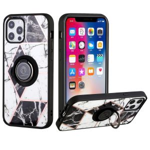 For iPhone 13 Pro Max Unique IMD Design Magnetic Ring Stand Cover Case - Classy Marble on Black