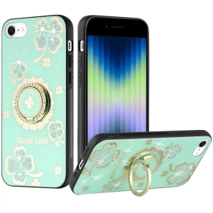 For Apple iPhone 14 6.1" SPLENDID Diamond Glitter Ornaments Engraving Case Cover - Good Luck Floral Teal