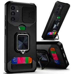 For Samsung A14 5G Multi-Functional Card Magnetic Ring Stand Hybrid Camera Case Cover - Black