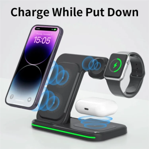 3-in-1 15W Foldable Wireless Charger Phone Watch Earphone Charging Stand with Light
