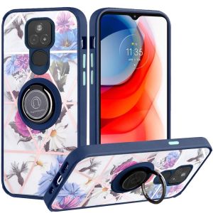 Motorola Moto G Play 2021 Unique IMD Design Magnetic Ring Stand Cover Case - Flowers on Blue