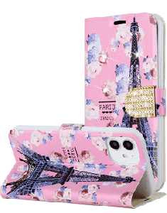 For Moto G Pure, G Power (2022) Diamond Bling Vegan Leather Wallet Design Cover Case - Paris Floral