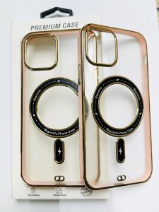 FOR APPLE IPHONE 14 PRO MAGSAFE COMPATIBLE SMOKE TRANSPARENT CIRCLE DESIGN GOLD ACCENT PREMIUM CASE COVER - PINK