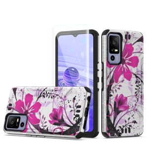 For TCL 40 XE 5G Strong Tough Metallic Design Hybrid + Tempered Glass - Pink Floral