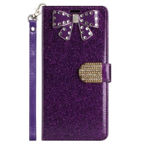For Apple iPhone 14 PRO 6.1" Bow Glitter Ornament Shimmer Wallet Case with Lanyard - Dark Purple
