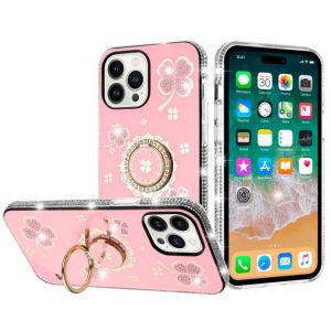 For iPhone 14 6.1" Splendid Glitter with Diamonds All Around Edges Ring Stand Case Cover - Pink