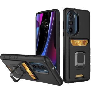 For Motorola Edge Plus 2022 Card Holder with Magnetic Ring Stand Hybrid Case Cover - Black